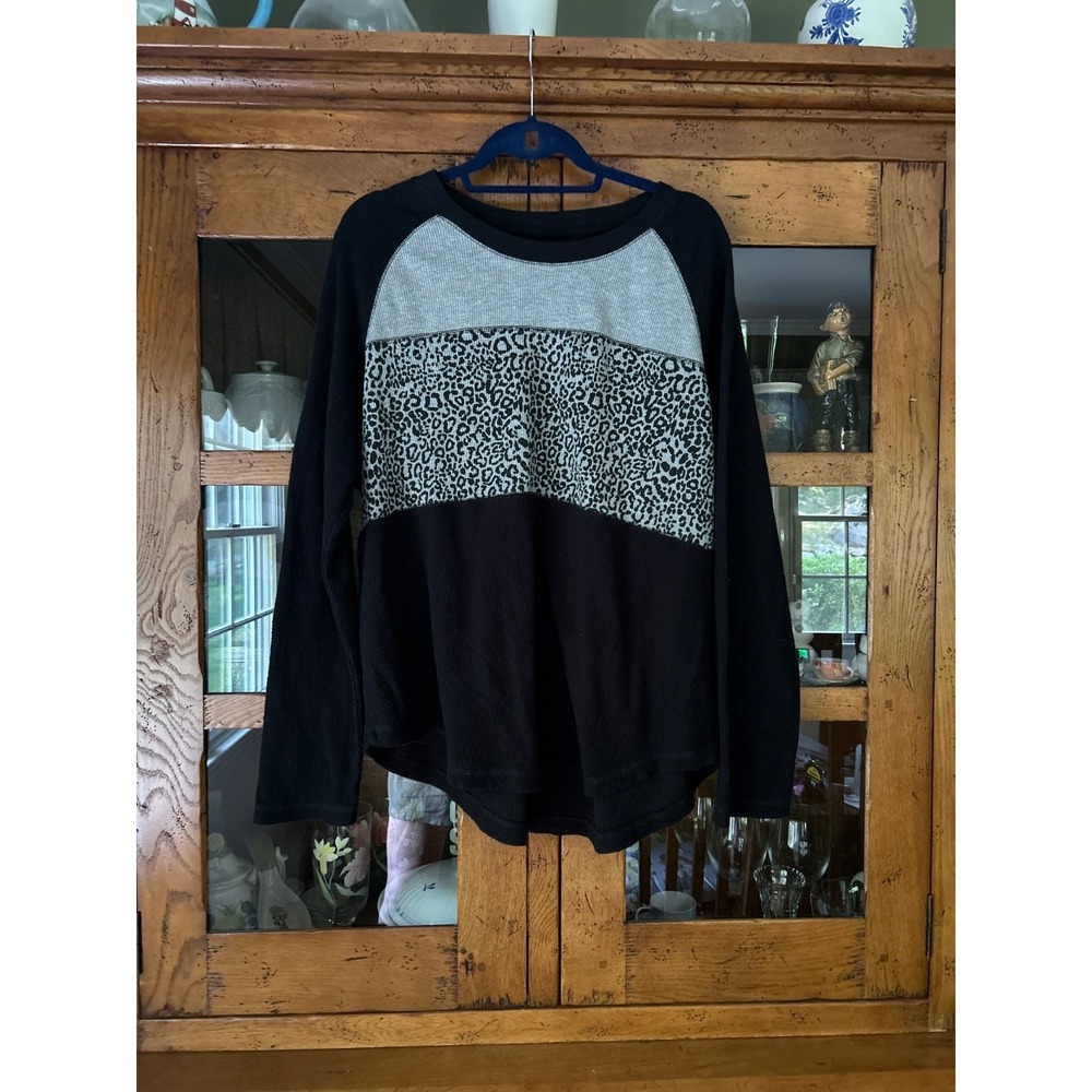 PJ SALVAGE Gray & Black Leopard Animal Print Long Sleeve Comfy PJ Lounge Top 2X